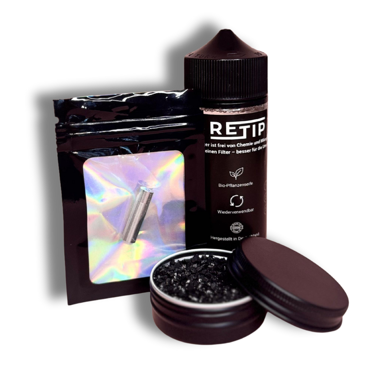 RE-Tip | SET | Wiederverwendbarer Aktivkohlefilter 7mm ⌀ + Aktivkohle (für >100 Anwendungen) + 120ml BIO-Reiniger